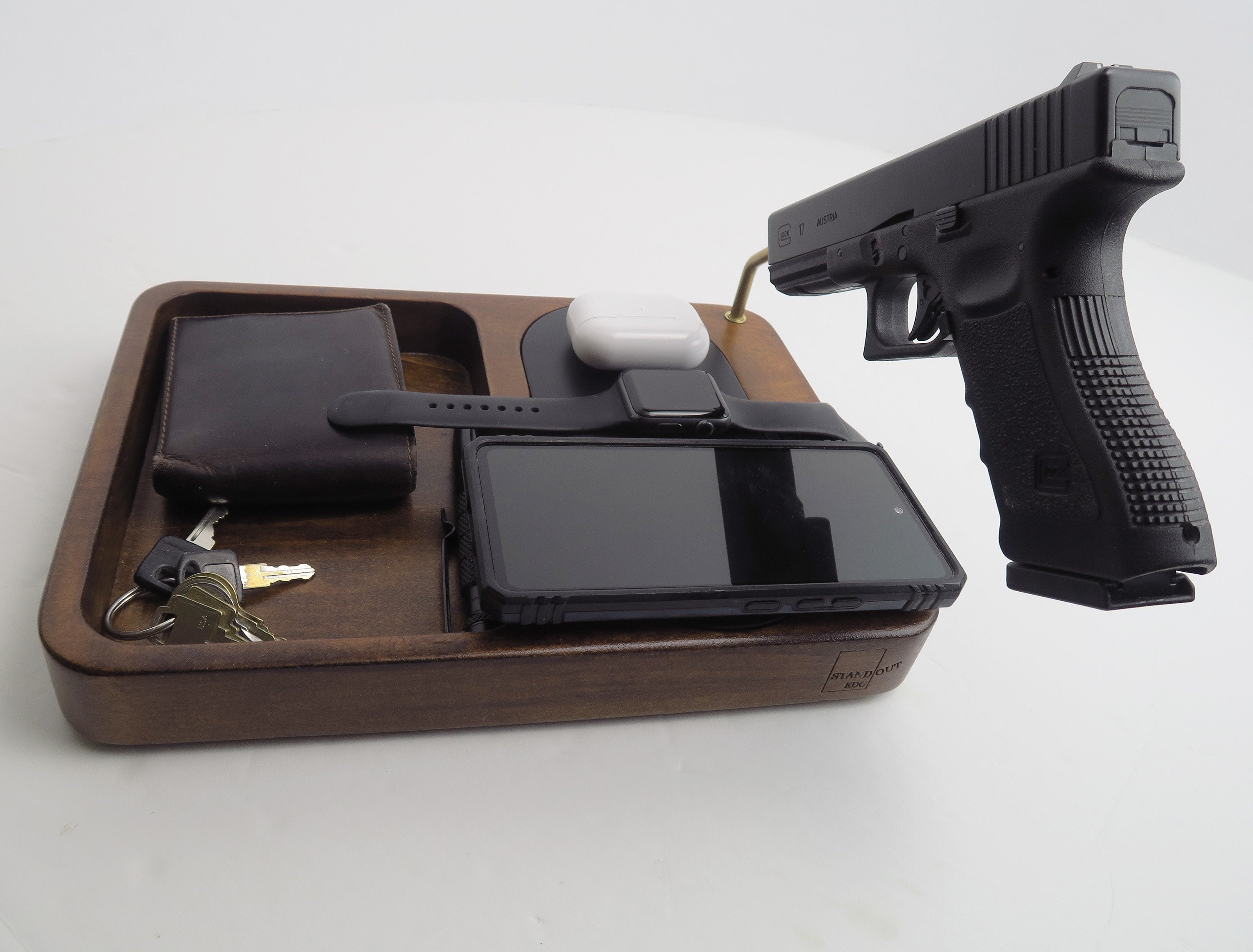 Gift for Valentine Day, Triple Wireless Charger with bras EDC holder, Wood Charging Station for Phones-Earbuds-Apple Watch, iPhone and iPad Dock, Gift