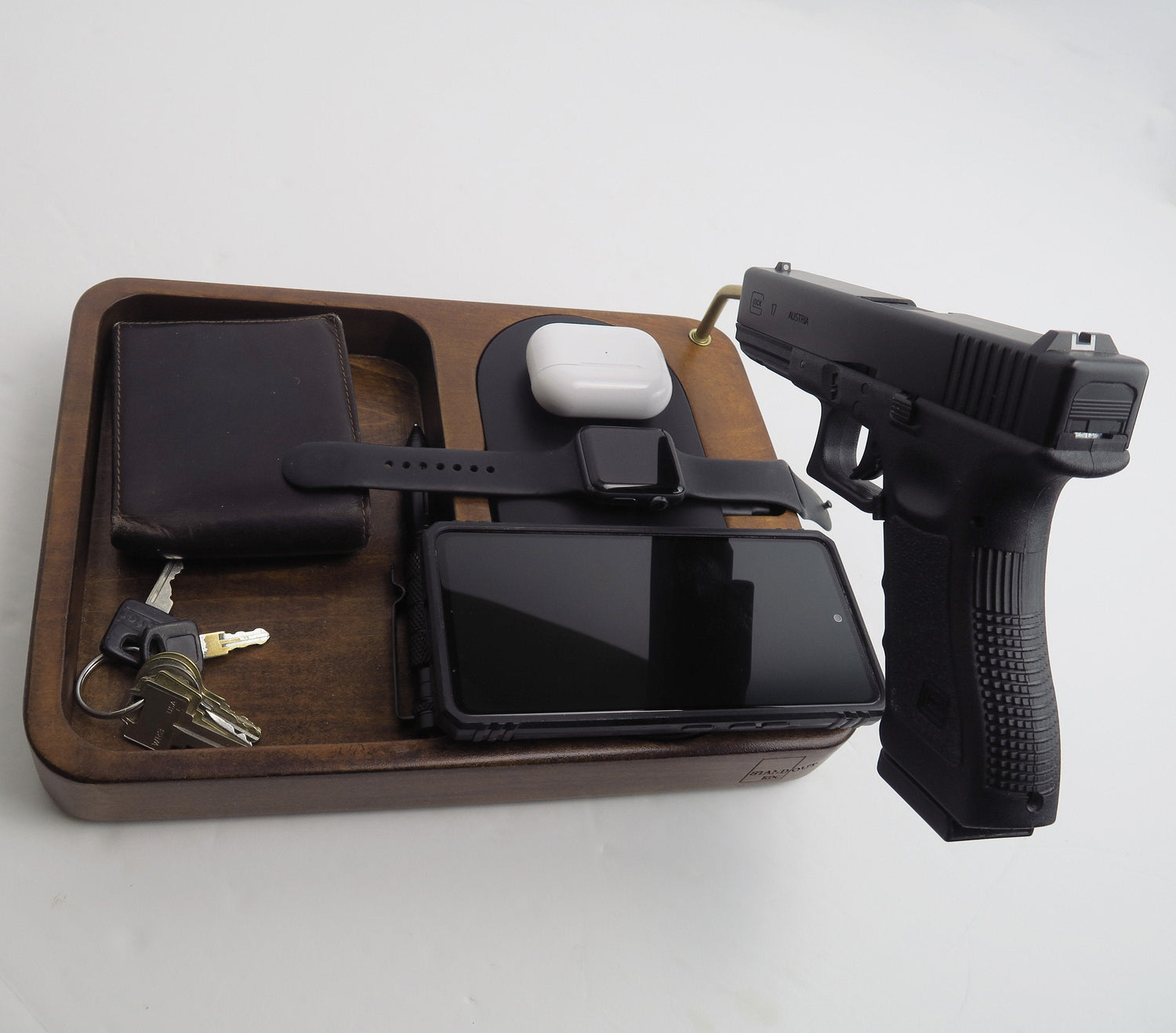 Gift for Valentine Day, Triple Wireless Charger with bras EDC holder, Wood Charging Station for Phones-Earbuds-Apple Watch, iPhone and iPad Dock, Gift