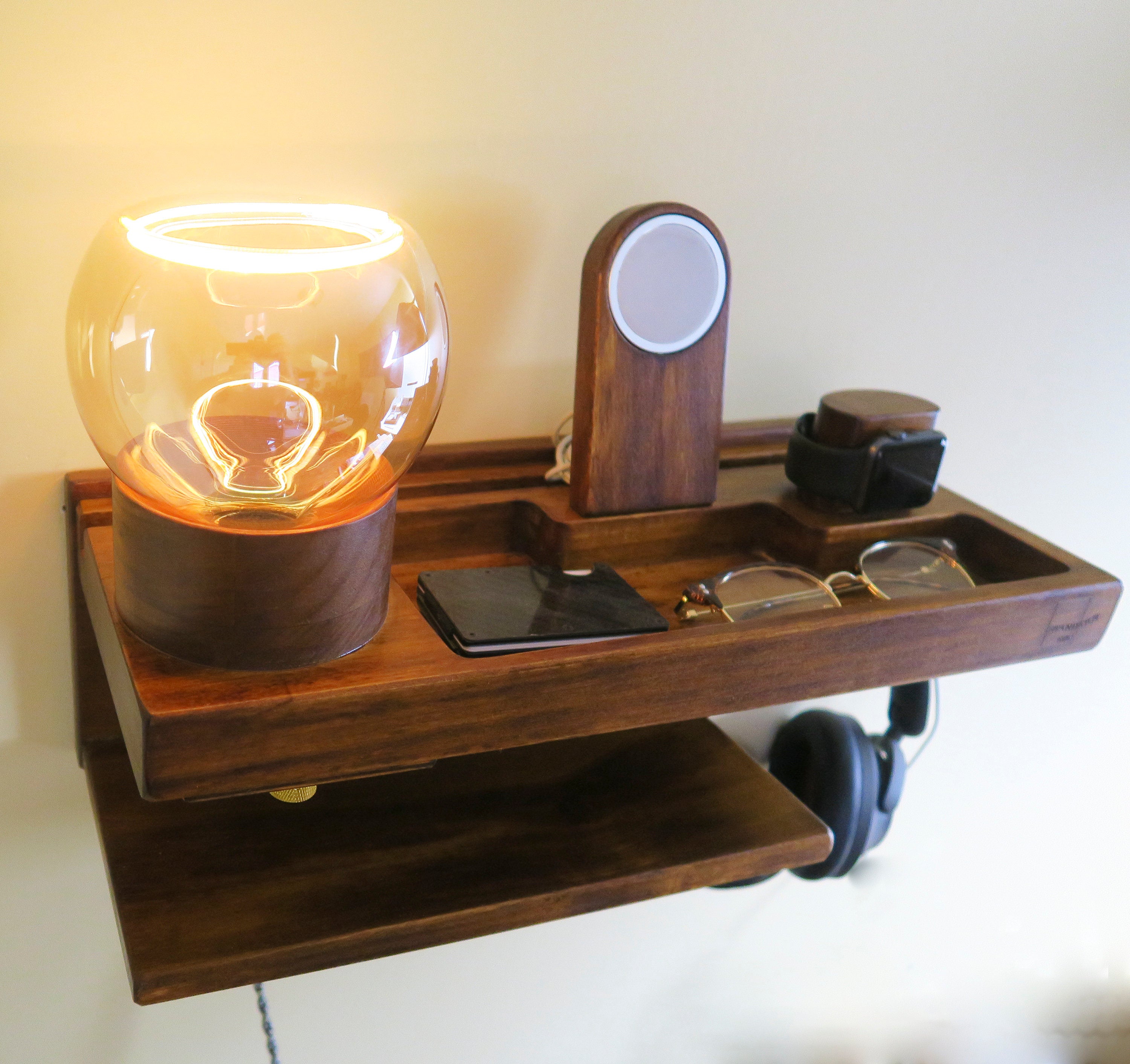 Personalized Gift, Floating Wall Charging Station Organizer for Entryway with Charging Slots, Modern LED lamp, holders for MagSafe.