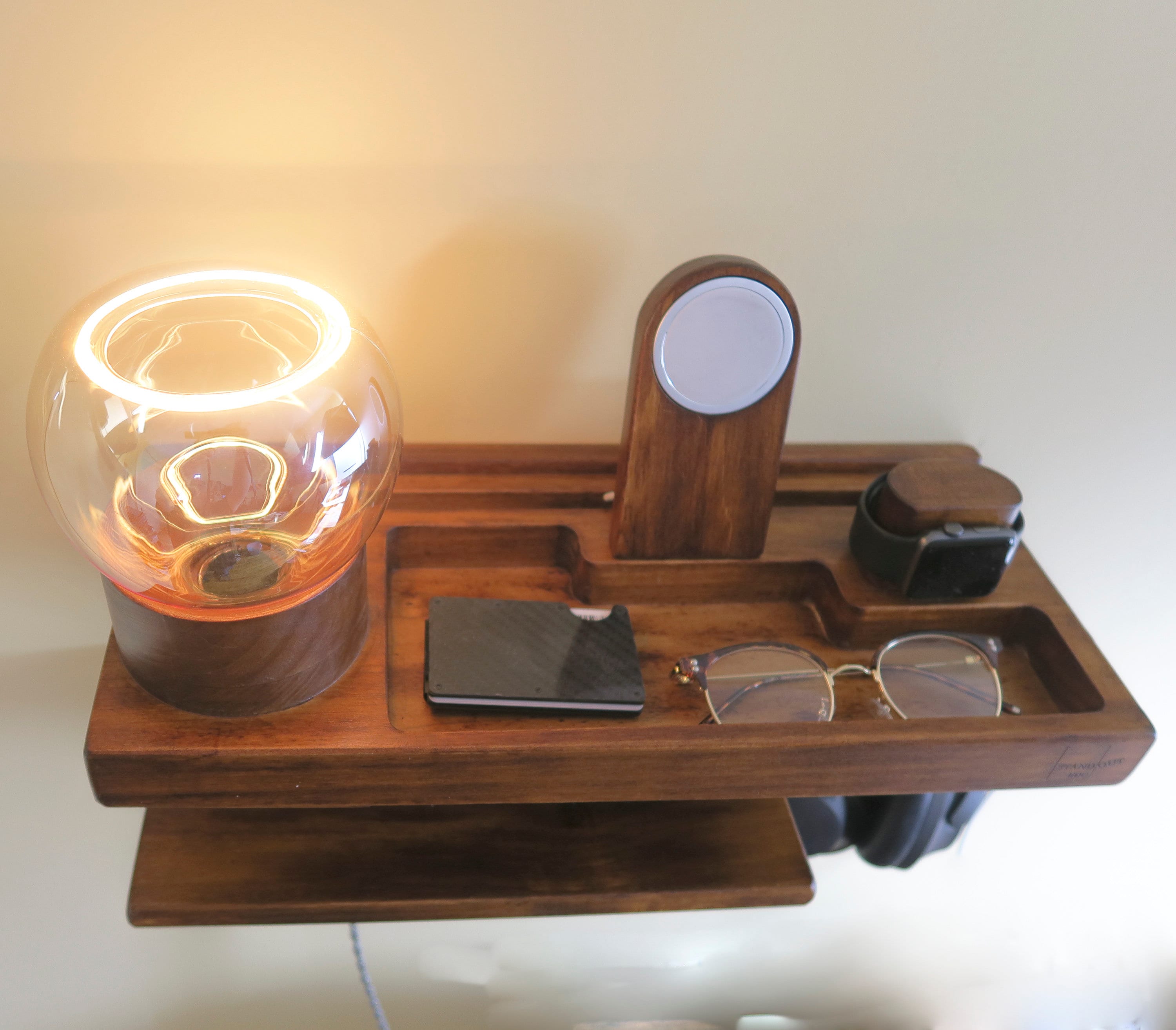 Personalized Gift, Floating Wall Charging Station Organizer for Entryway with Charging Slots, Modern LED lamp, holders for MagSafe.