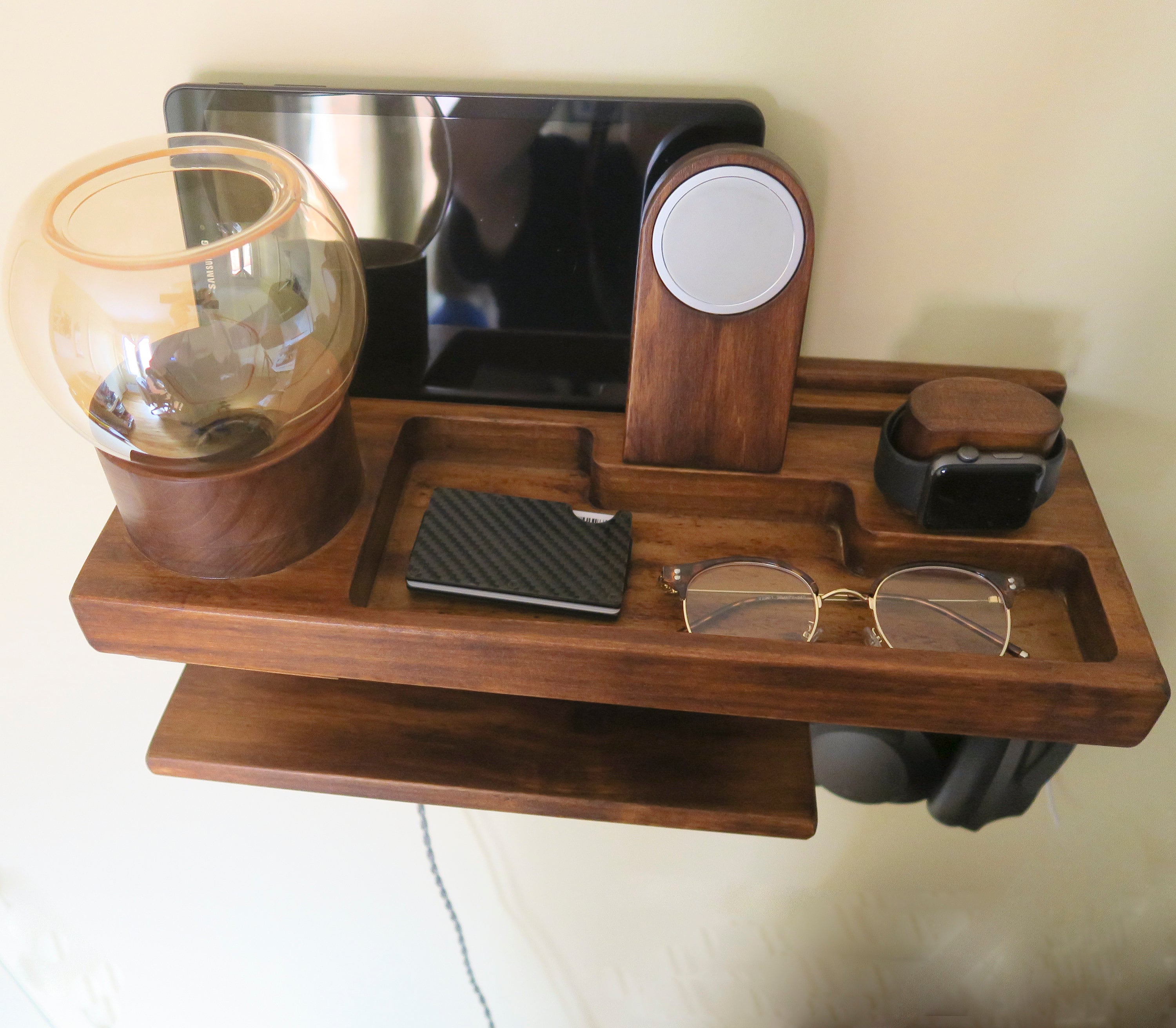 Personalized Gift, Floating Wall Charging Station Organizer for Entryway with Charging Slots, Modern LED lamp, holders for MagSafe.