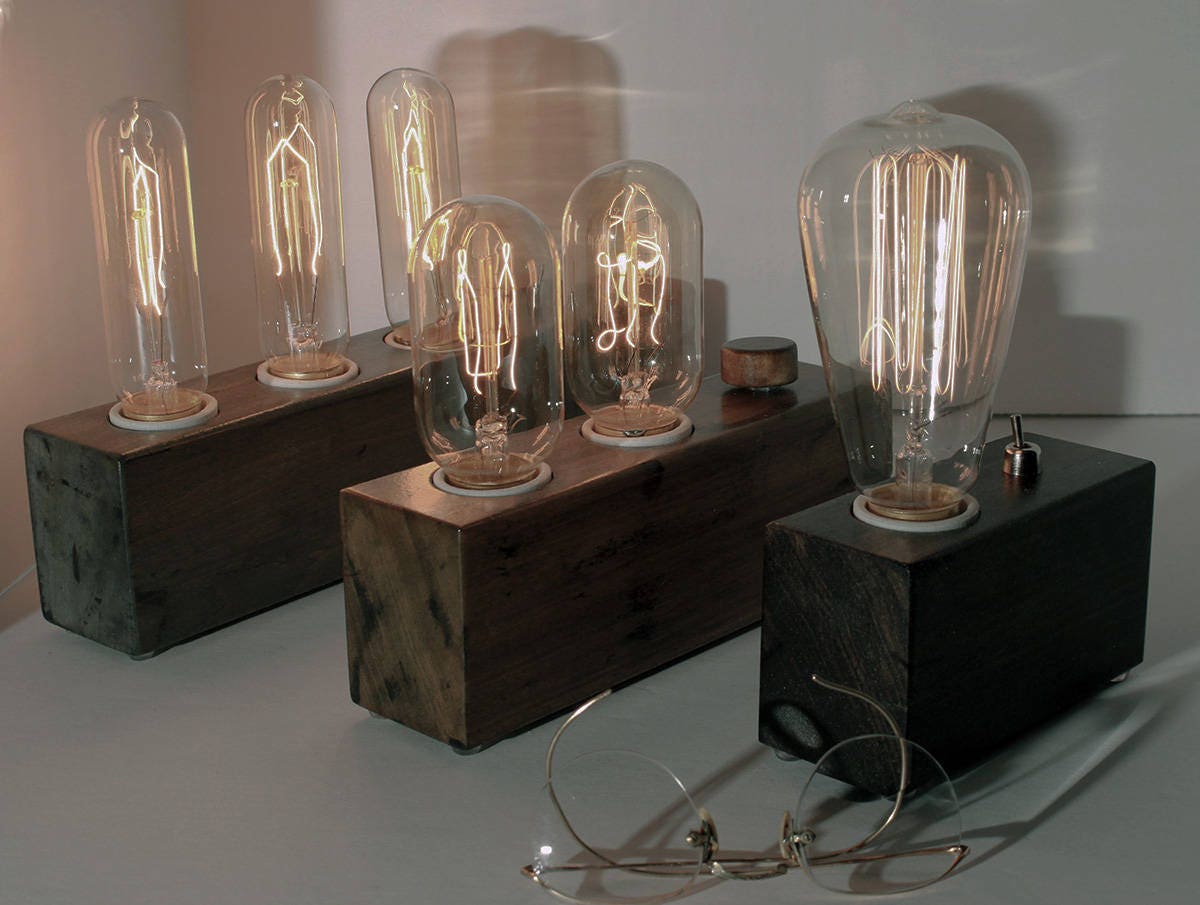 Personalized gift, Wood block lamp with Edison bulbs, Edison wood desk lamp, unique lighting