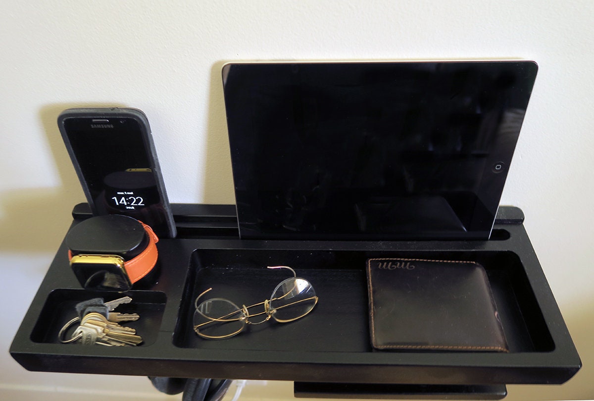 Dorm bedding, Anniversary Gift Idea, floating nightstand, Wood Wall Charging Station Organizer, Wall Docking Station with Apple Watch, Gift  Standout EDC