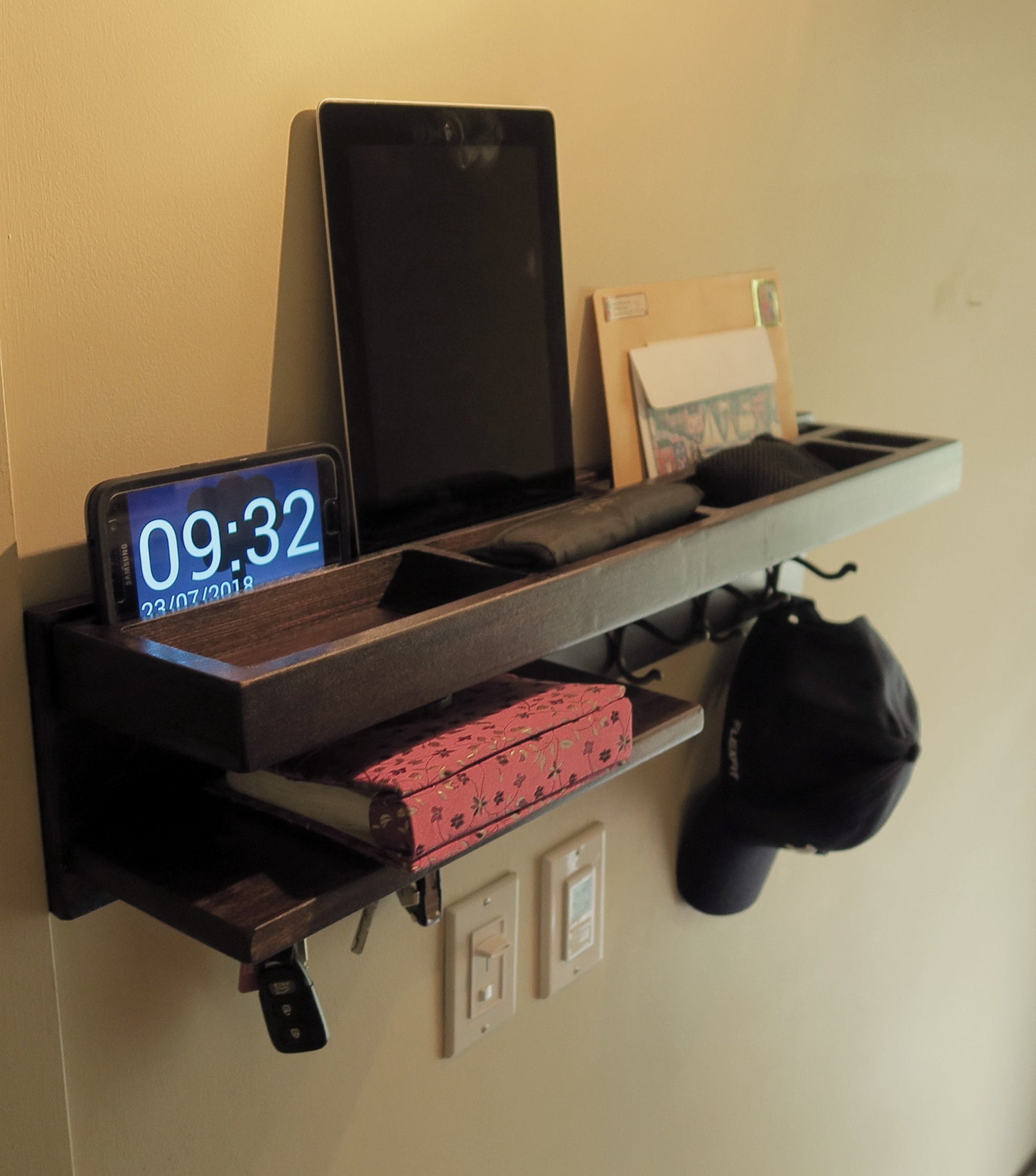 Personalized Entryway Organizer Shelf with Hooks, Wall Organizer with Hooks and Mail, Wall Charging Station Organizer, Wall Docking Station  Standout EDC