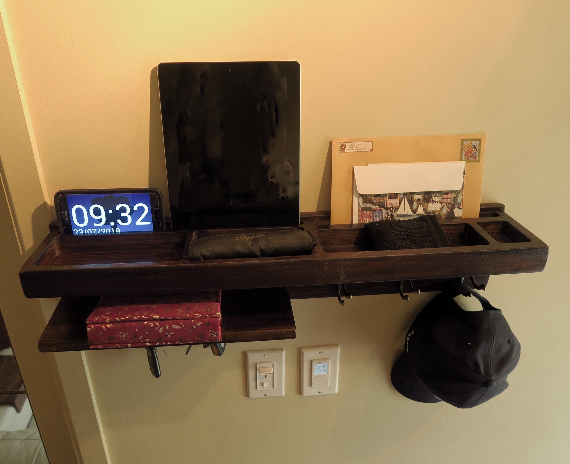 Personalized Entryway Organizer Shelf with Hooks, Wall Organizer with Hooks and Mail, Wall Charging Station Organizer, Wall Docking Station Standout EDC