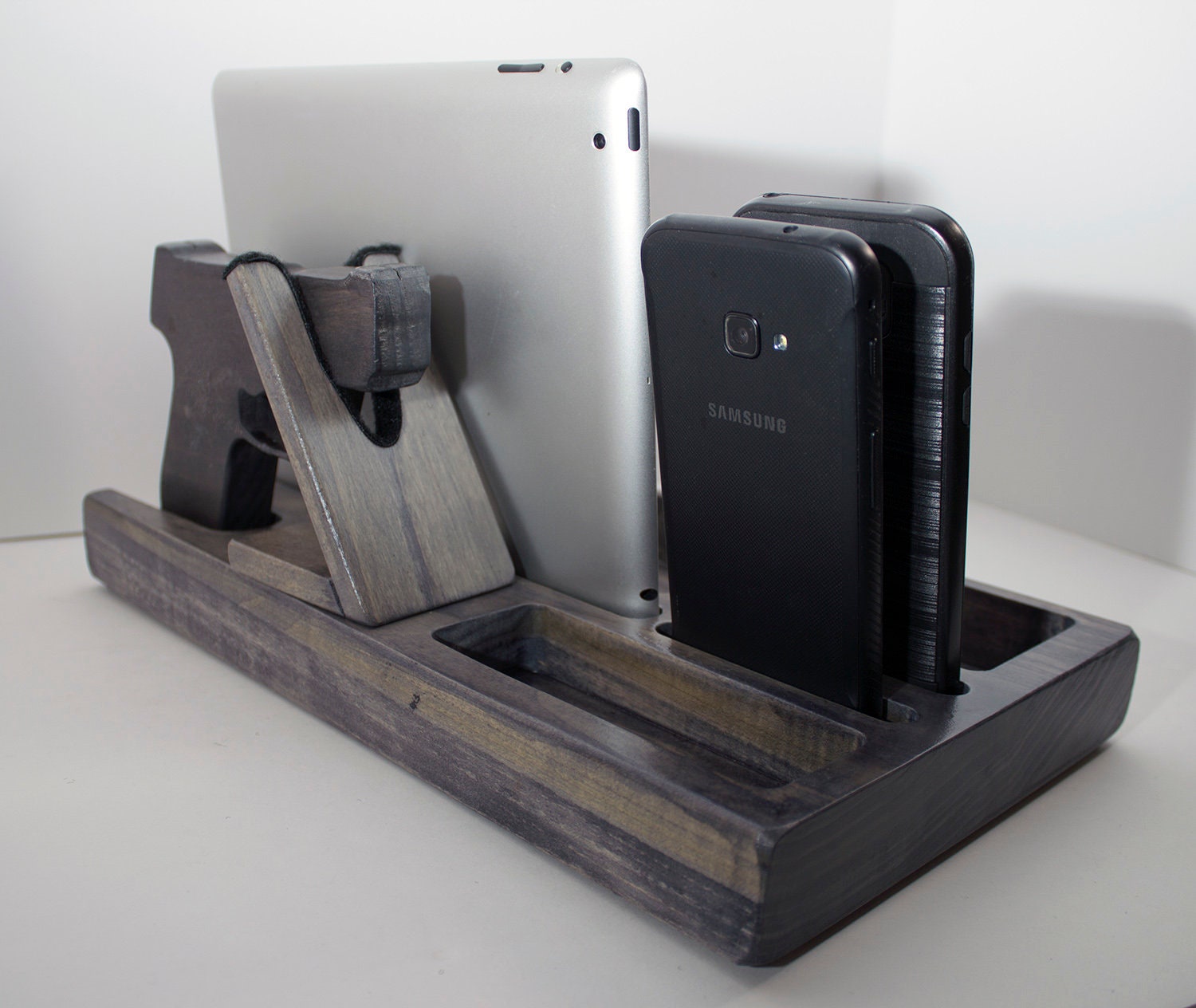 Docking Station for gun,Personalized gift, organizer for gun, men’s gift, Wood Docking Station for Multiple Devices , pistol, policeman  Standout EDC