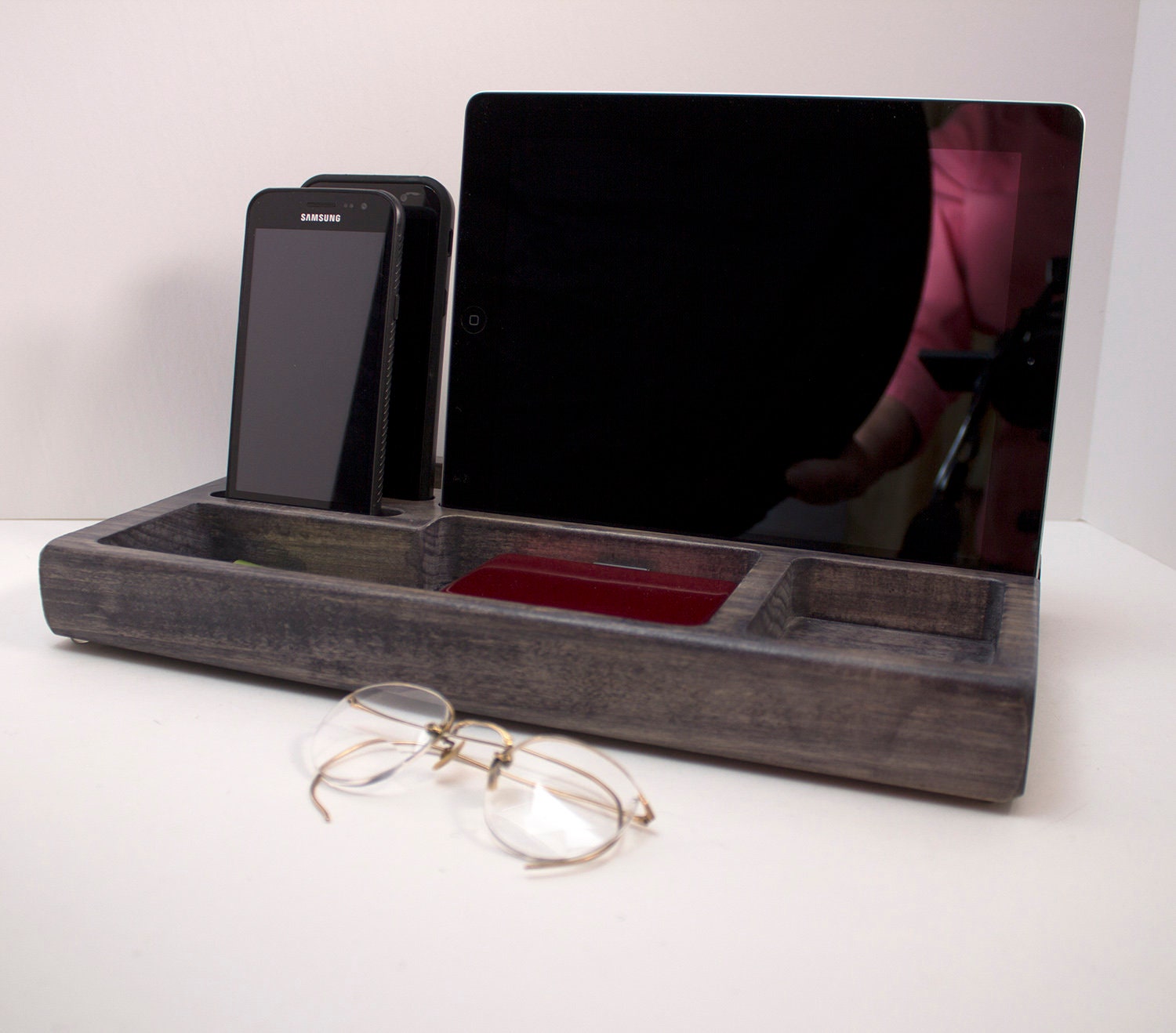 Docking Station for gun,Personalized gift, organizer for gun, men’s gift, Wood Docking Station for Multiple Devices , pistol, policeman  Standout EDC