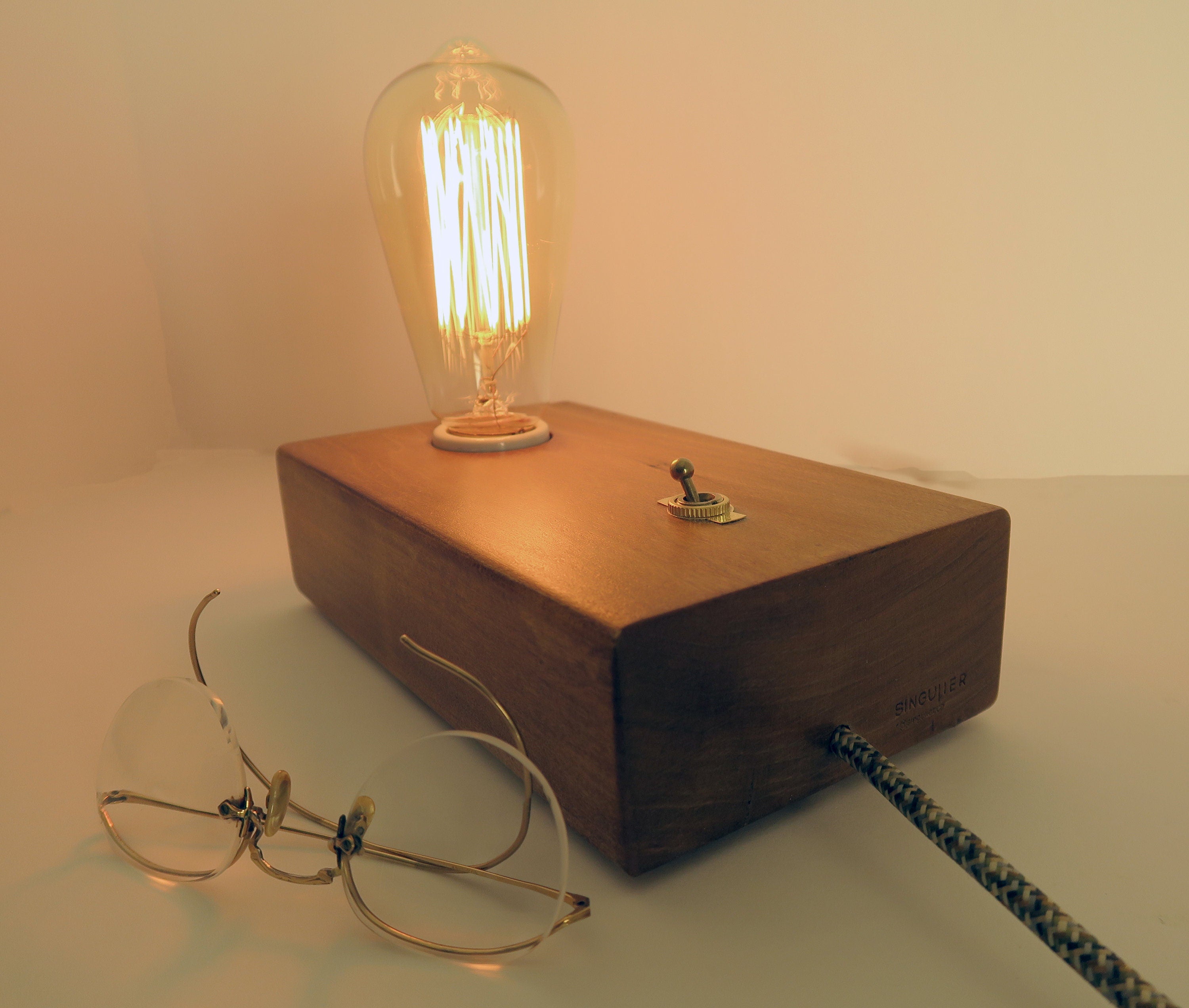 Personalized gift for Christmas, Edison Table Lamp, Wood Block Lamp Standout EDC