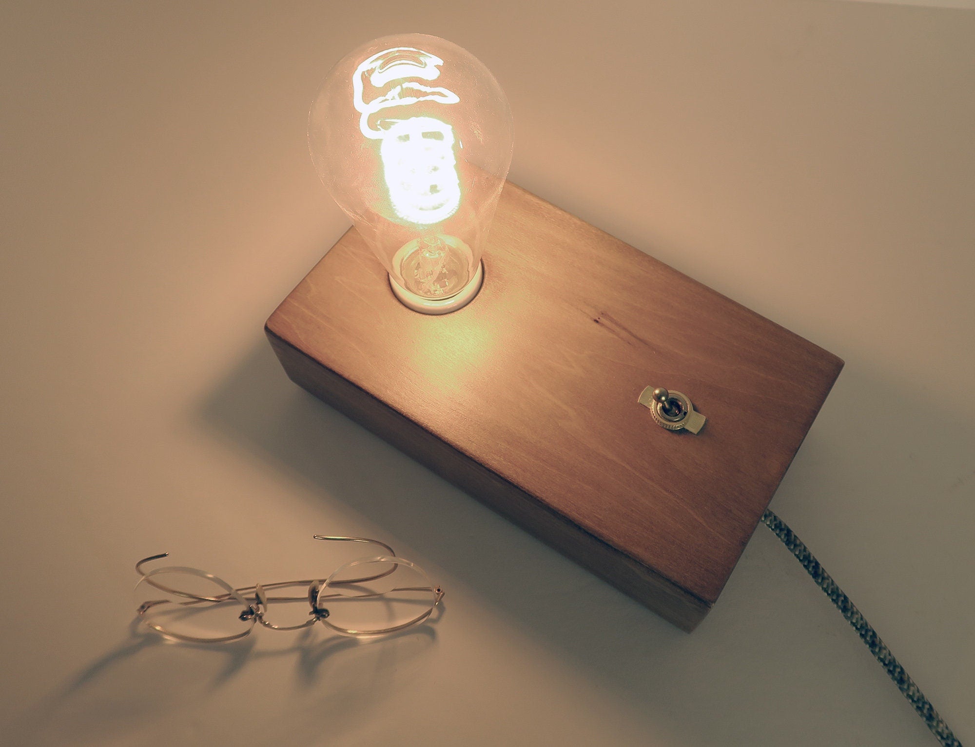 Personalized gift for Christmas, Edison Table Lamp, Wood Block Lamp Standout EDC