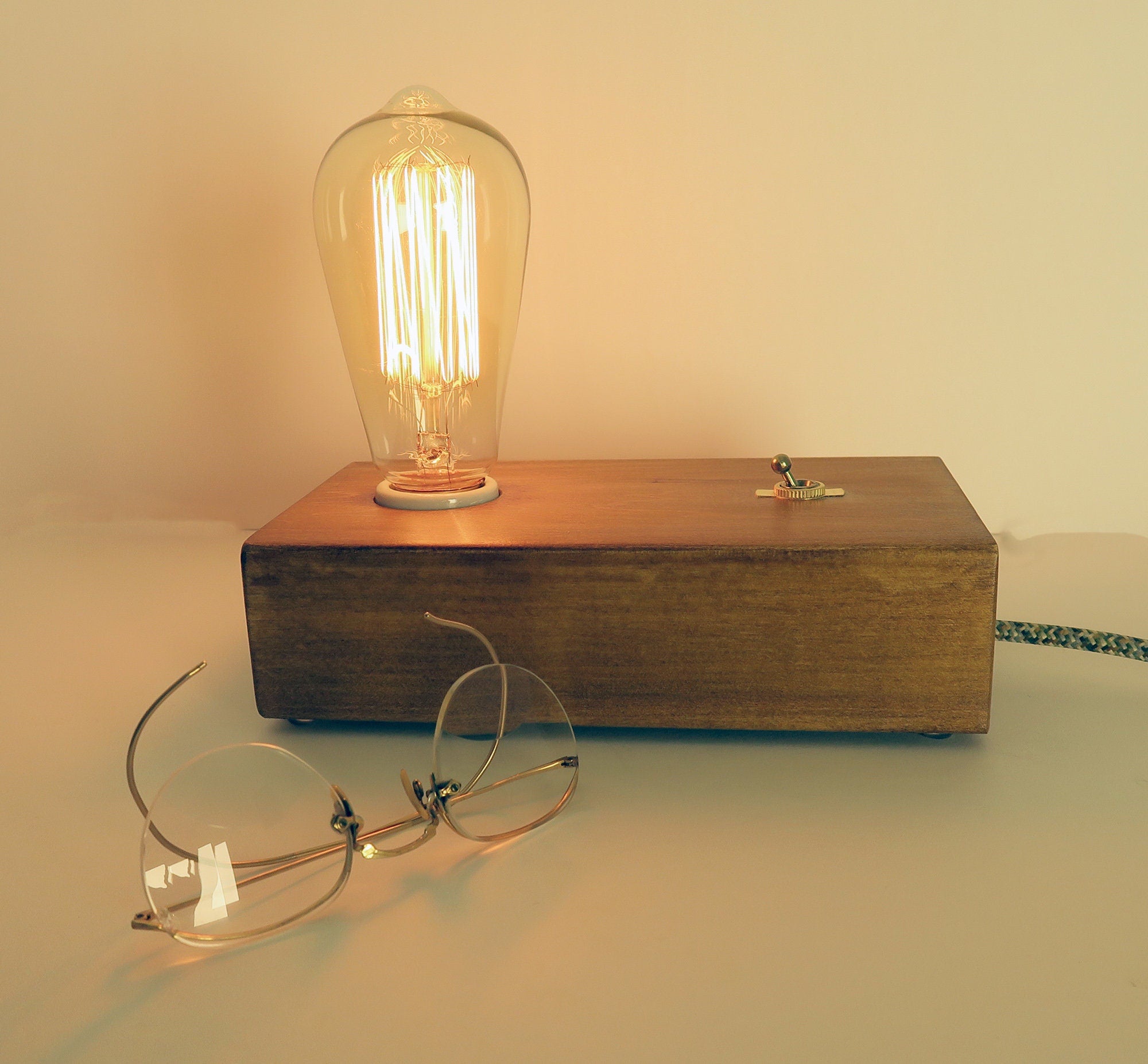 Personalized gift for Christmas, Edison Table Lamp, Wood Block Lamp Standout EDC