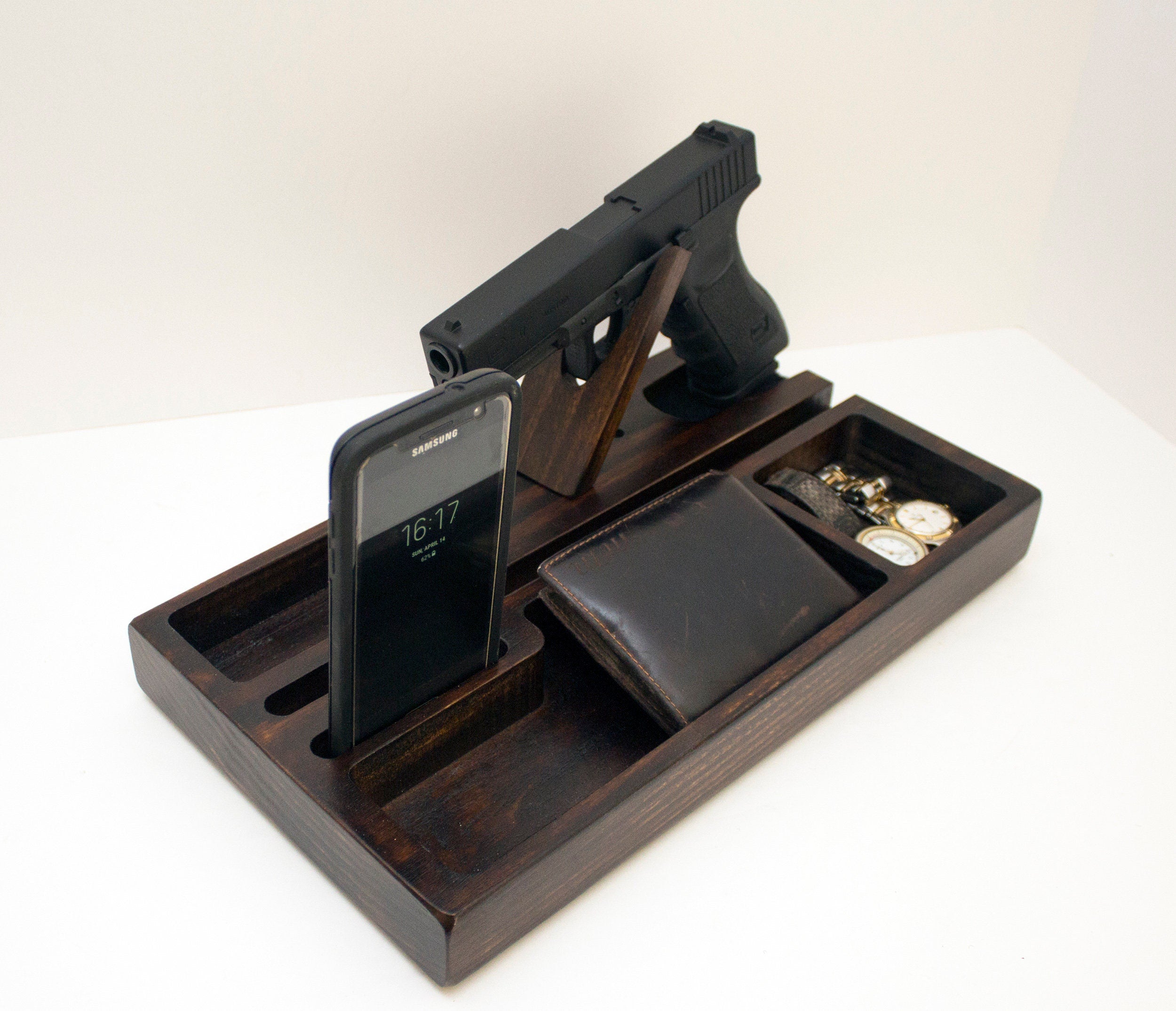 Docking Station for gun,Personalized gift, organizer for gun, men’s gift, Wood Docking Station for Multiple Devices , pistol, policeman  Standout EDC