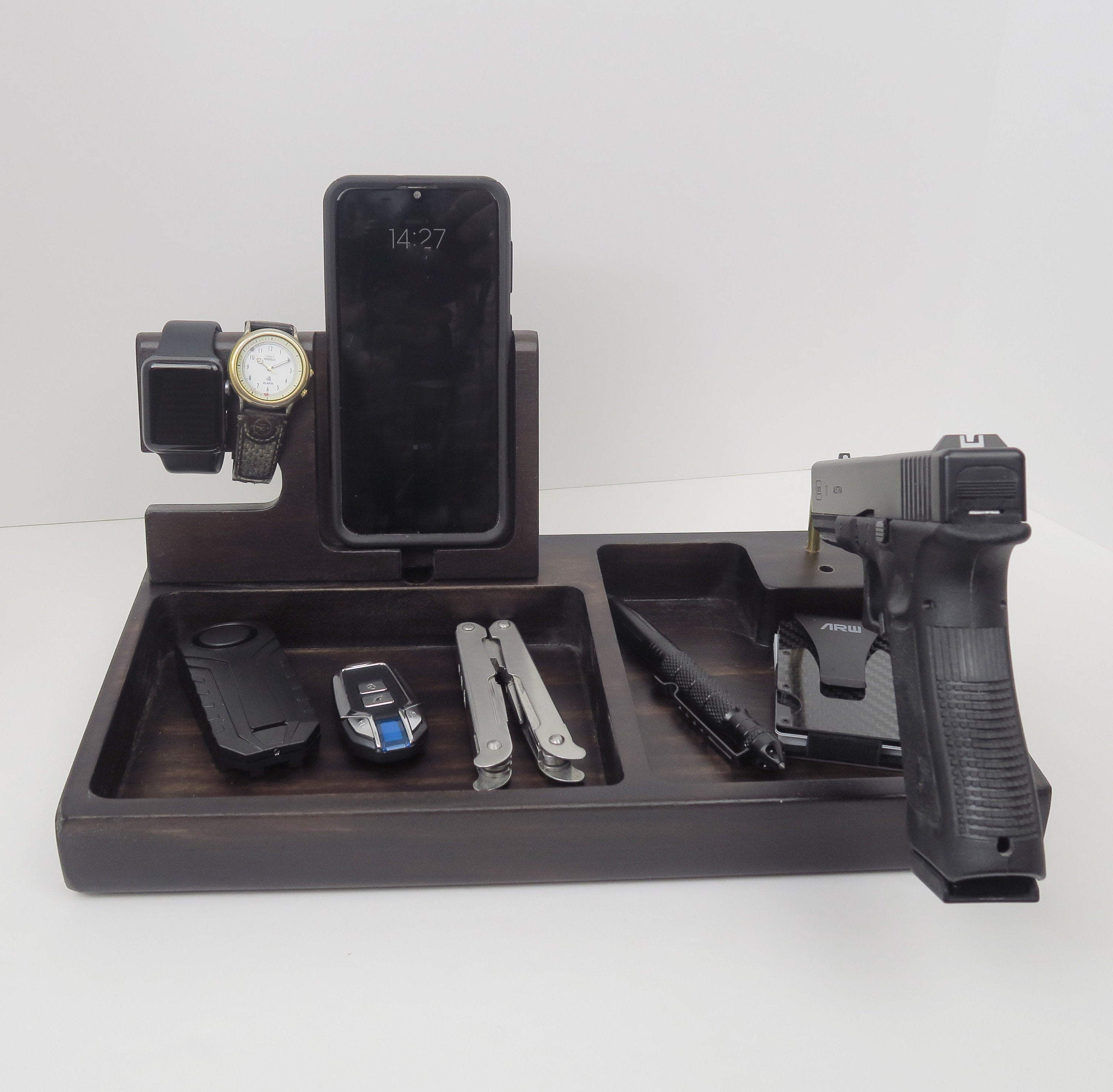 Wood Desk Organizer | Personalized Gift, Edc Tray, Charging Station | Gun Holder and optional headphone holder , Docking Stand