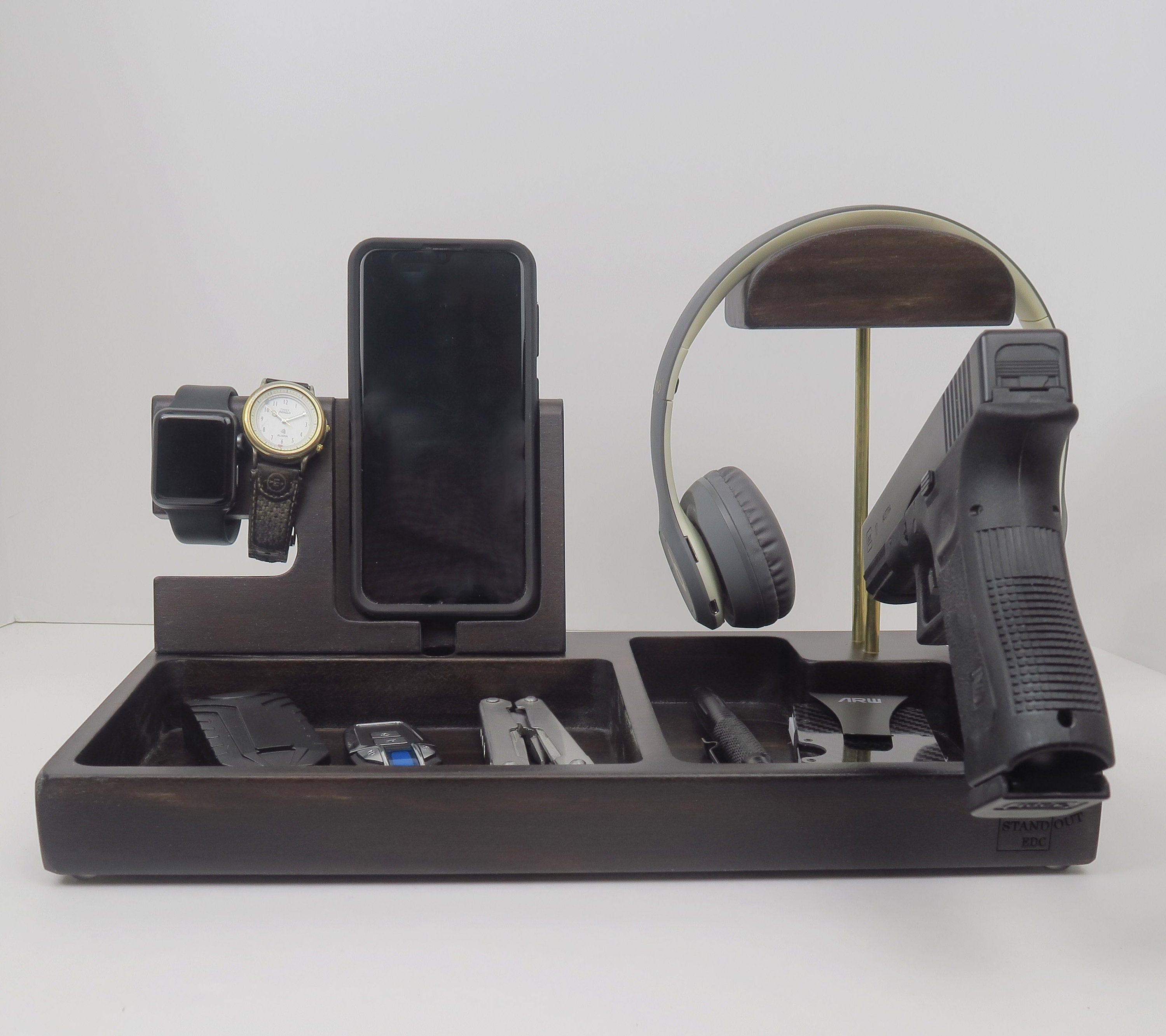 Wood Desk Organizer | Personalized Gift, Edc Tray, Charging Station | Gun Holder and optional headphone holder , Docking Stand