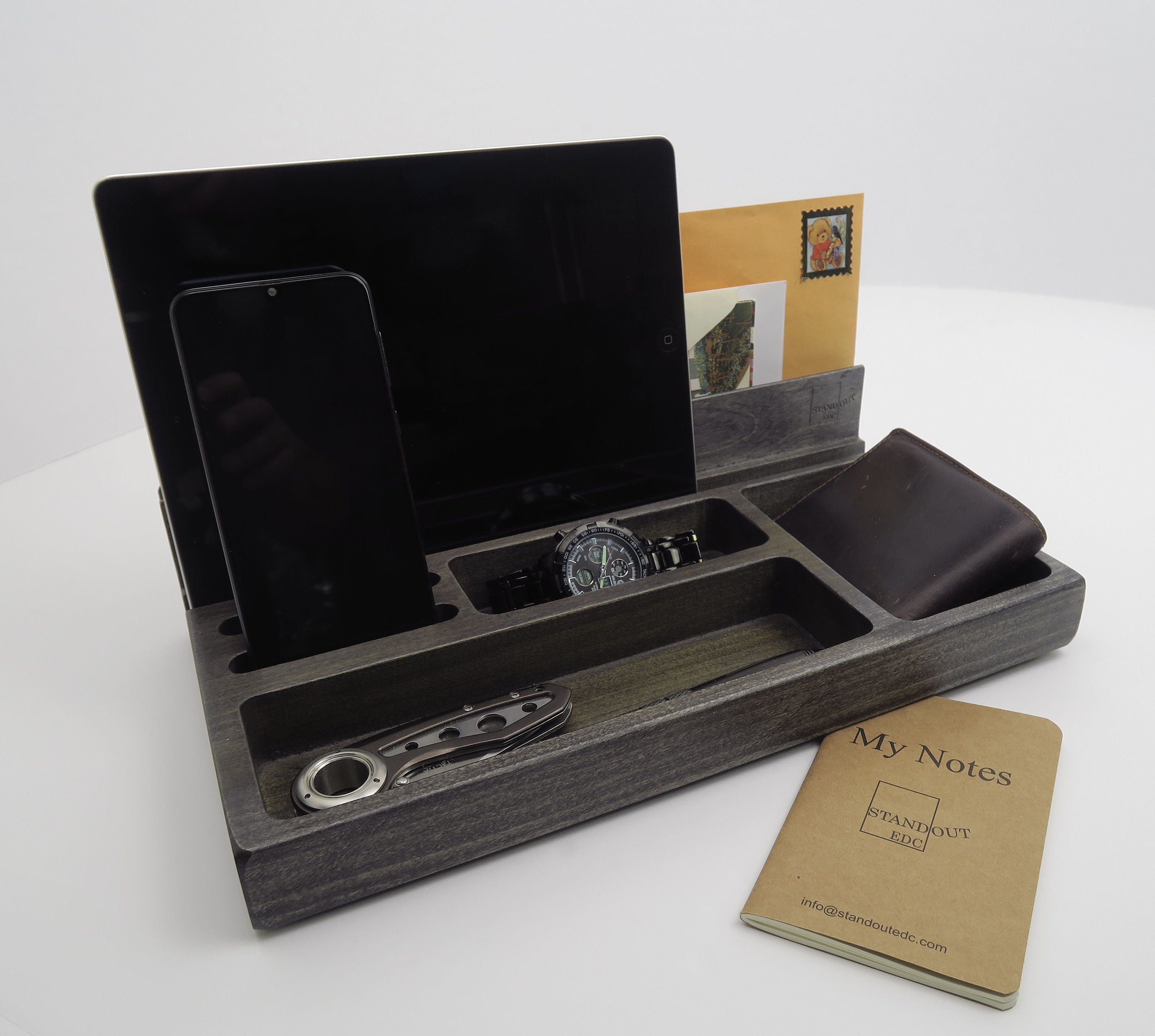 Personalized gift for Christmas, Charging Station Organizer, Wood Charging Standout EDC