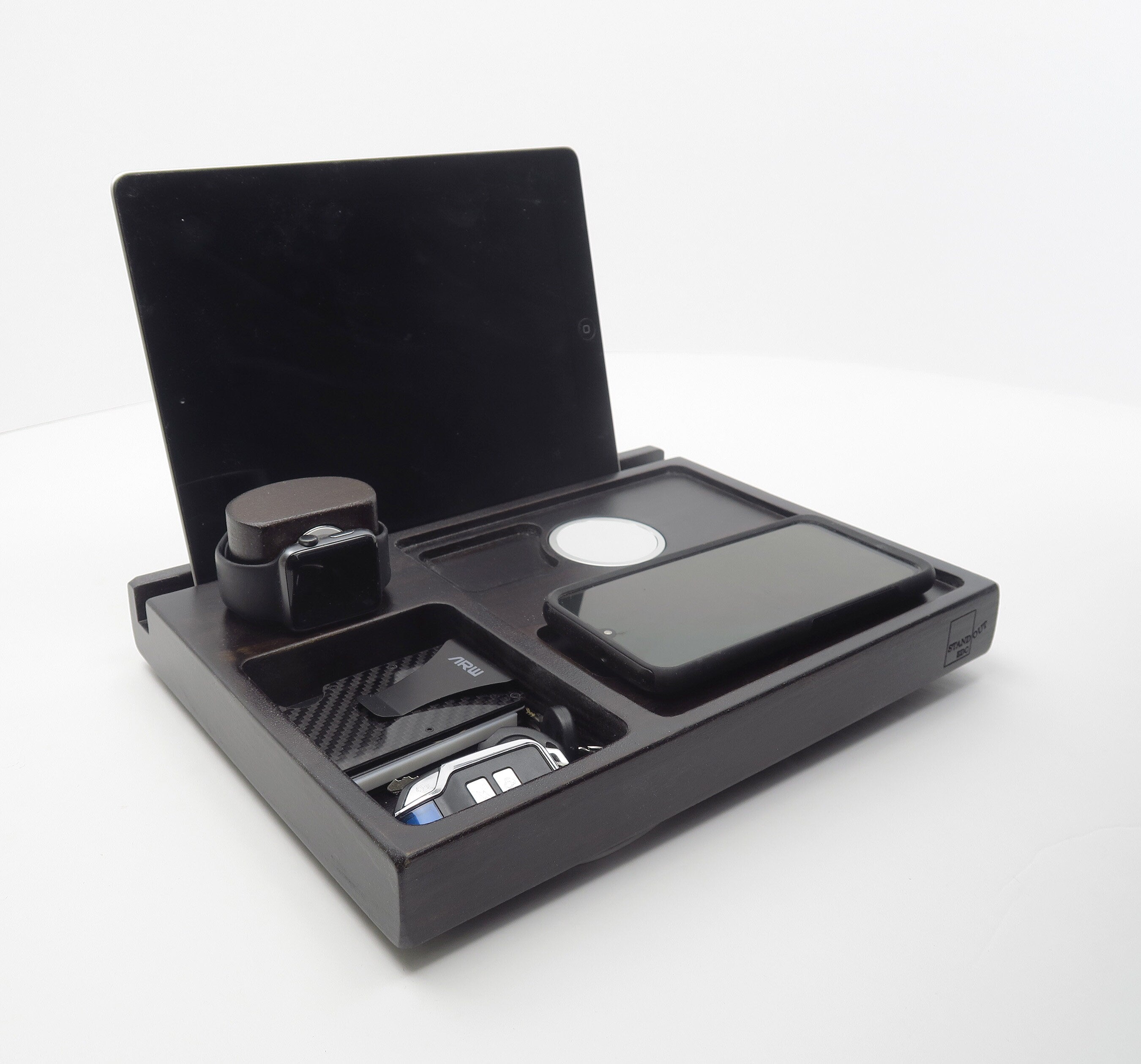 Wireless Charging Station for 2 MagSafe chargers - Tablet Holder And Dual Charging Station - Solid Wood Organizer -Tech Gift iPhone 12-13-14