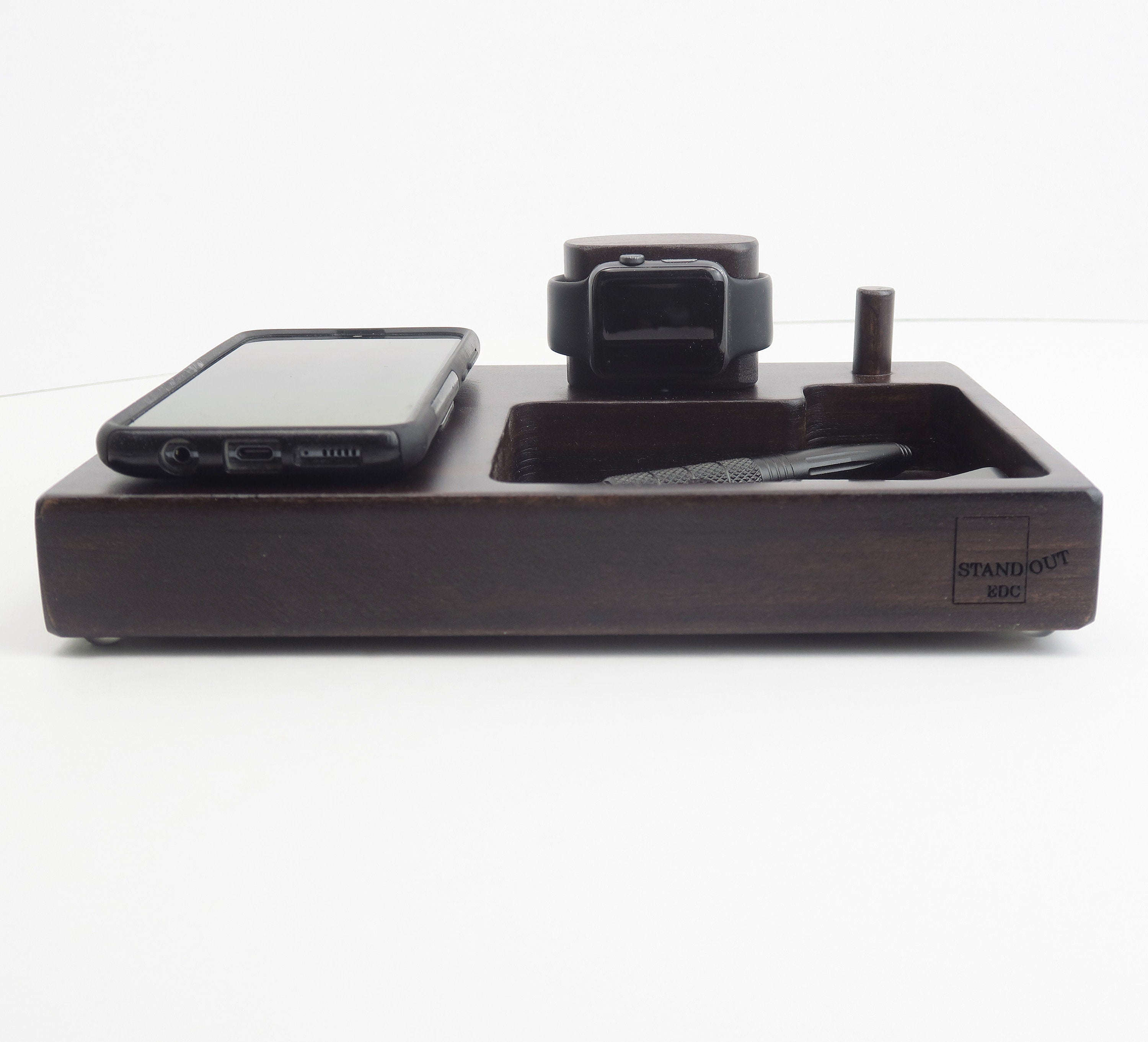 Wireless Smartphone and Watch Charging Station Features a hardwood Base Standout EDC