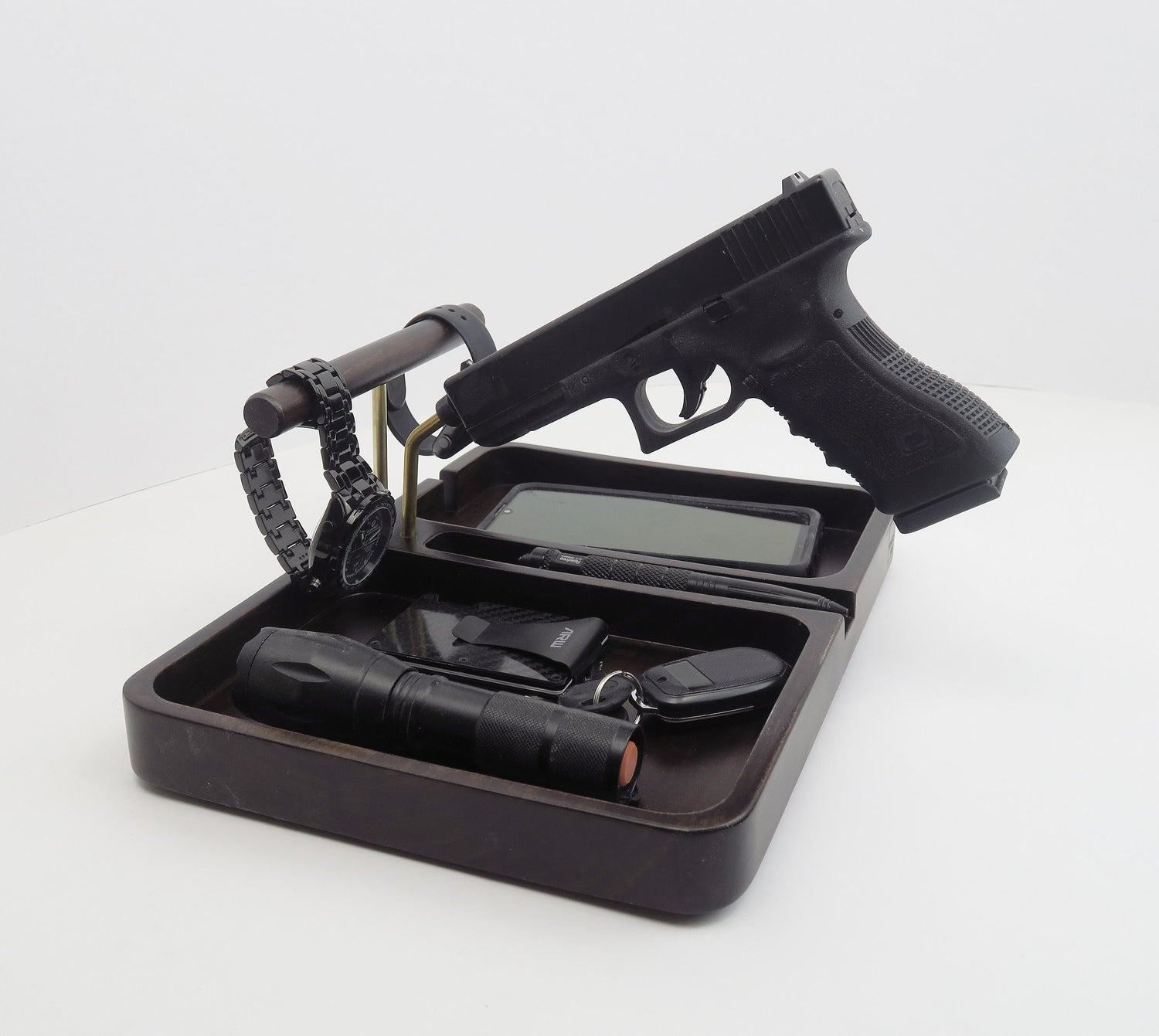 Fathers day gift, organizer with accessory bar , Station for gun, bedside table  Standout EDC