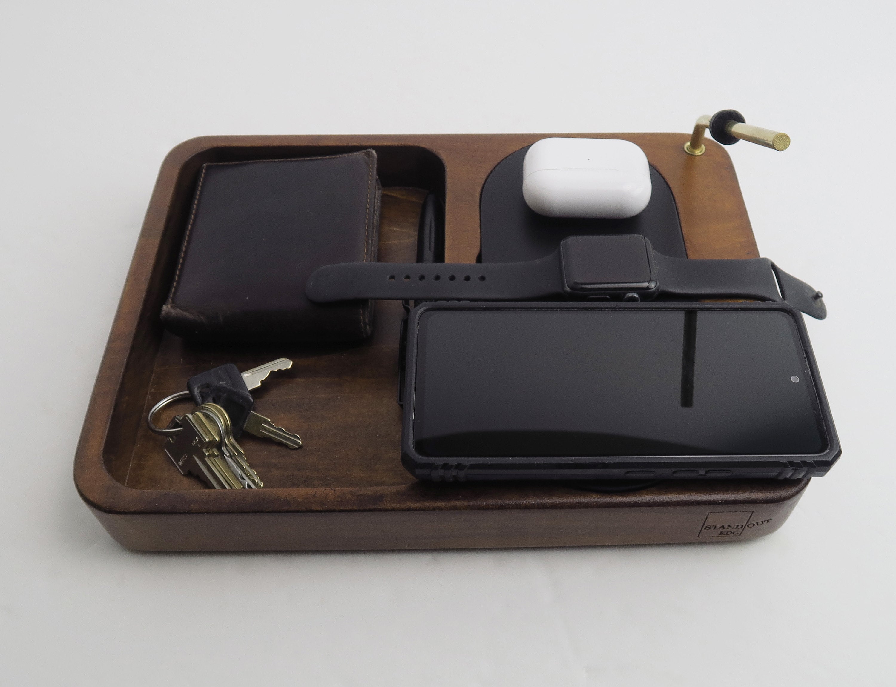 Personalized, Triple Wireless Charger with bras EDC holder, Wood Charging Station for Phones-Earbuds-Apple Watch, iPhone and iPad Dock, Gift