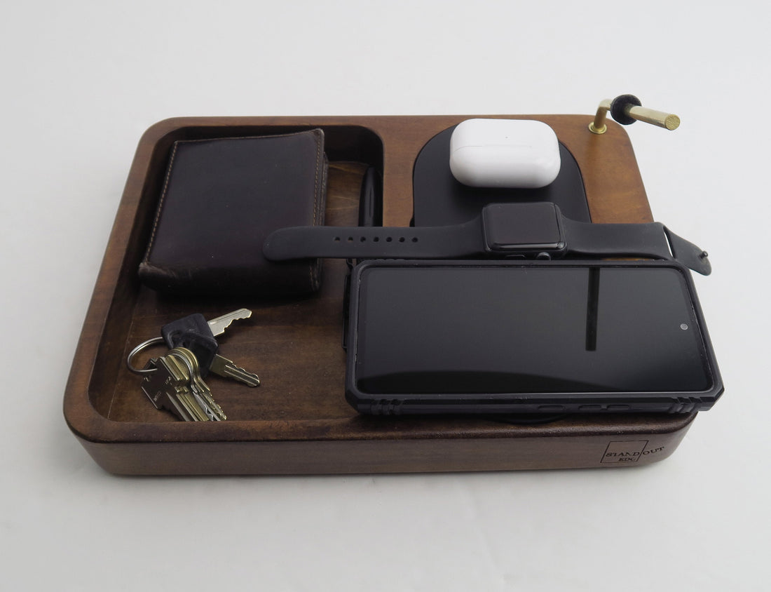 Personalized Gift, Triple Wireless Charger with bras EDC holder, Wood Charging Station for Phones-Earbuds-Apple Watch, iPhone and iPad Dock, Gift