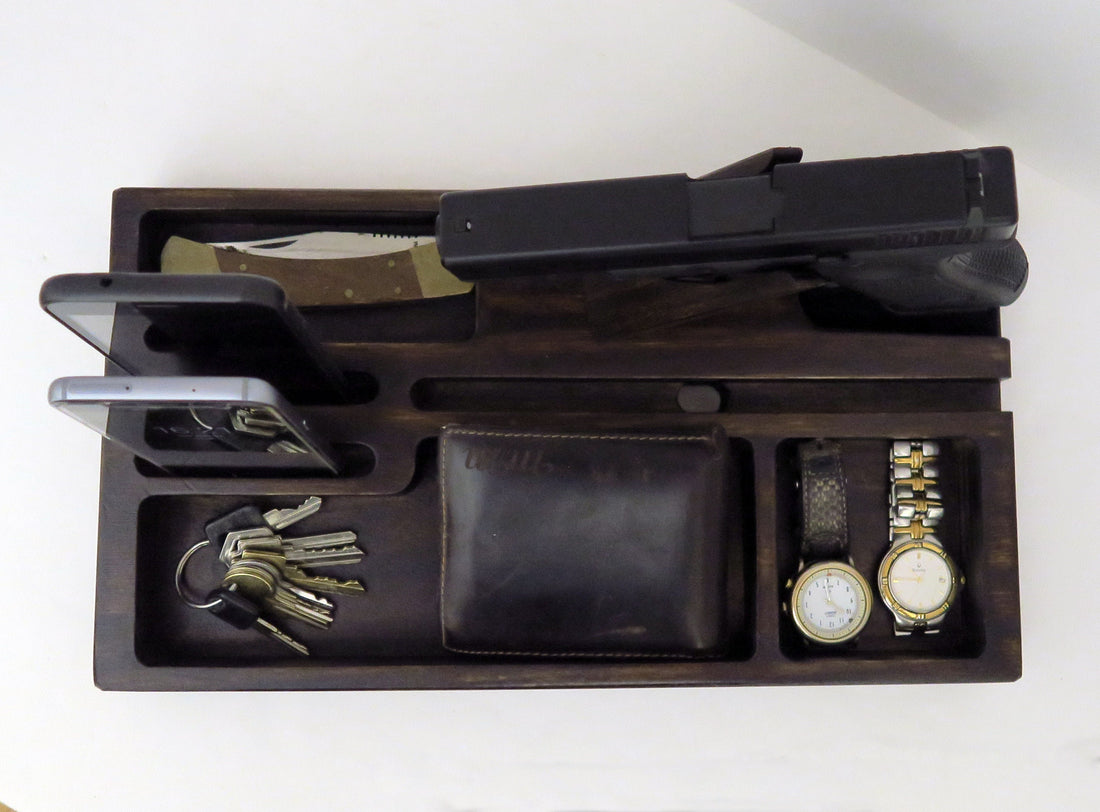 Docking Station for gun,Personalized gift, organizer for gun, men’s gift, Wood Docking Station for Multiple Devices , pistol, policeman  Standout EDC