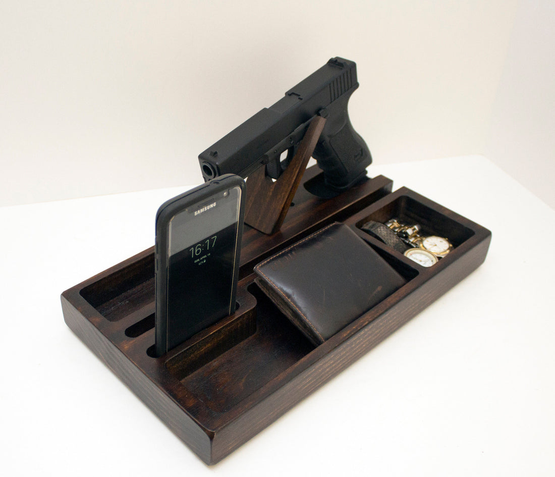 Docking Station for gun,Personalized gift, organizer for gun, men’s gift, Wood Docking Station for Multiple Devices , pistol, policeman  Standout EDC   