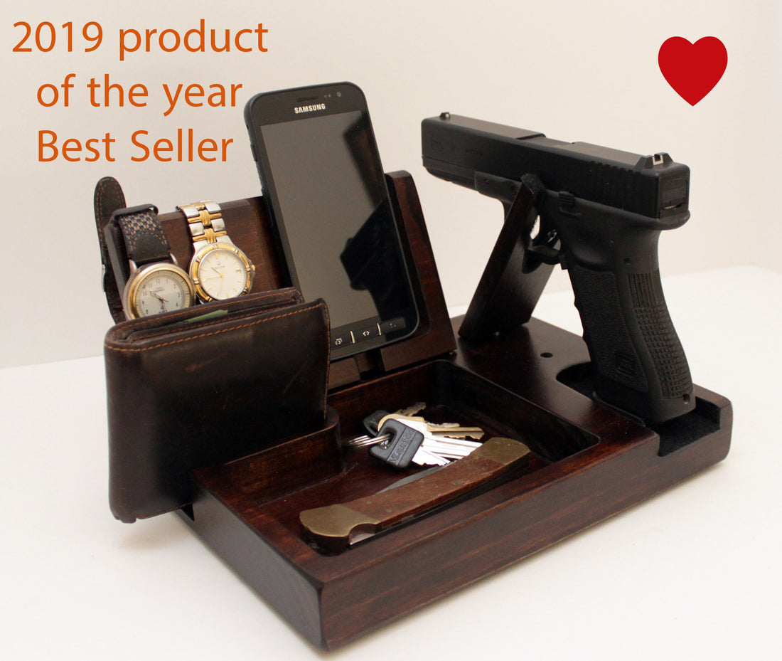 EDC organizer Docking Station for gun, Personalized gift for men, Wood Multi Charging Station Organizer, pistol, gift for men  Standout EDC