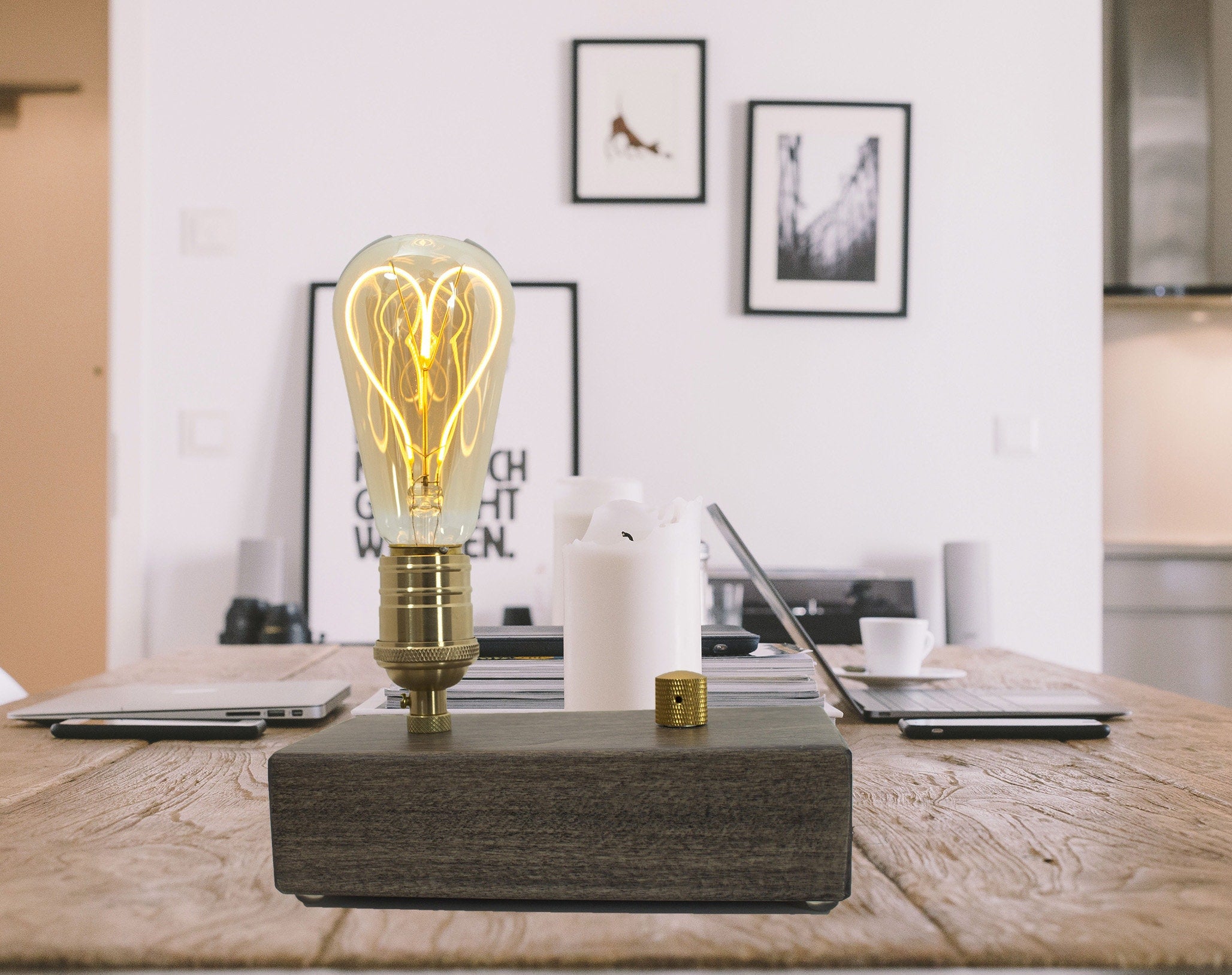 Edison Bulb - Table Lamp with Wood Block dimmable - wood table or desk lamp for Your Industrial Décor - birthday gift, brass socket