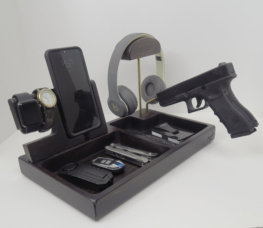 Wood Desk Organizer | Personalized Gift, Edc Tray, Charging Station | Gun Holder and optional headphone holder , Docking Stand