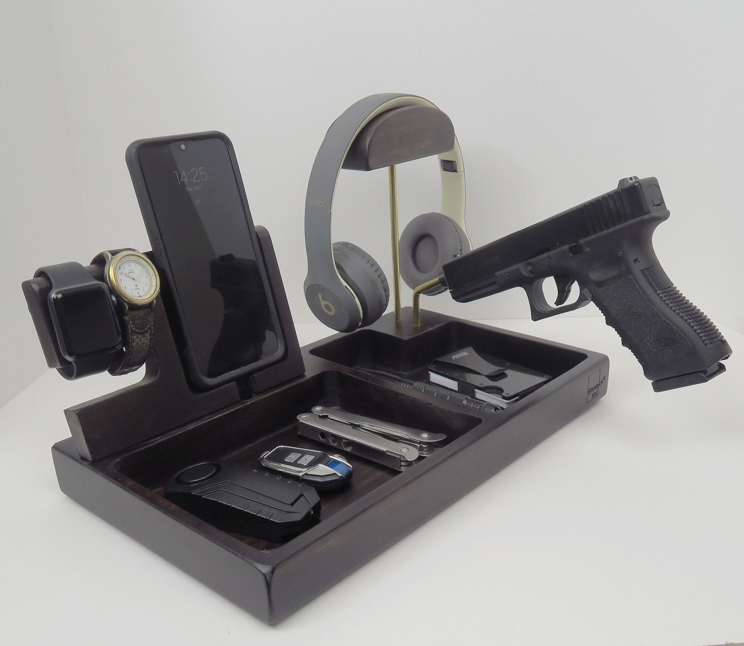 Desk Organizer for Police Officer | Personalized Gift, Edc Tray, Charging Station | Gun Holder and optional headphone holder , Docking Stand