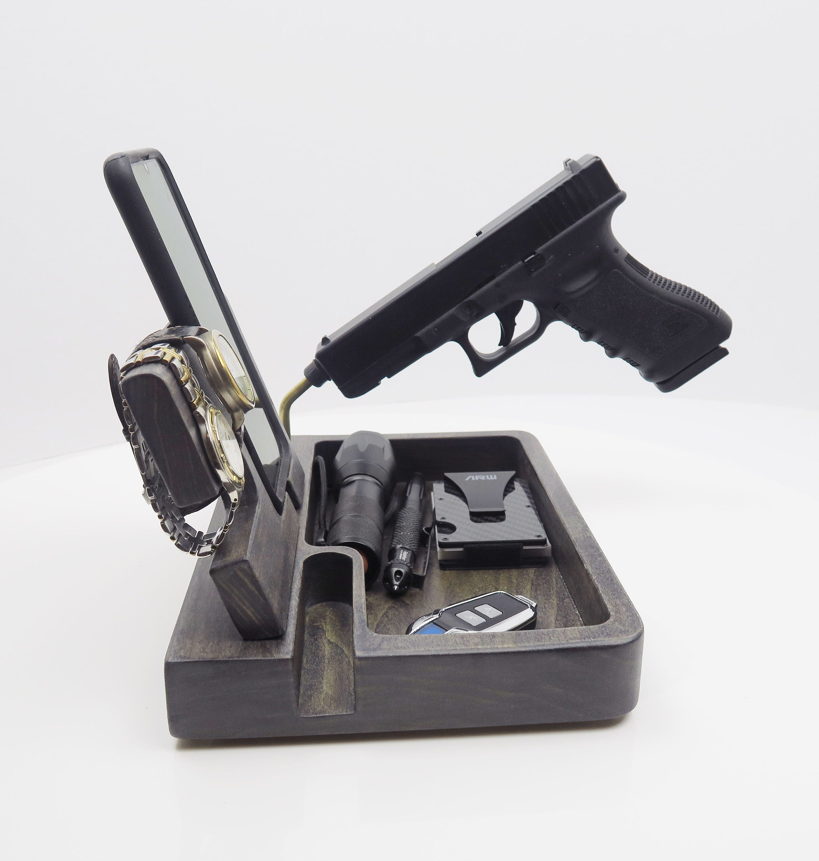 Gun EDC Wood Dock Gun Wooden Docking Station Gun Vale Nightstand selling Valet EDC Docking Stand Police Dock Station Night Stand Tactical EDC Tray