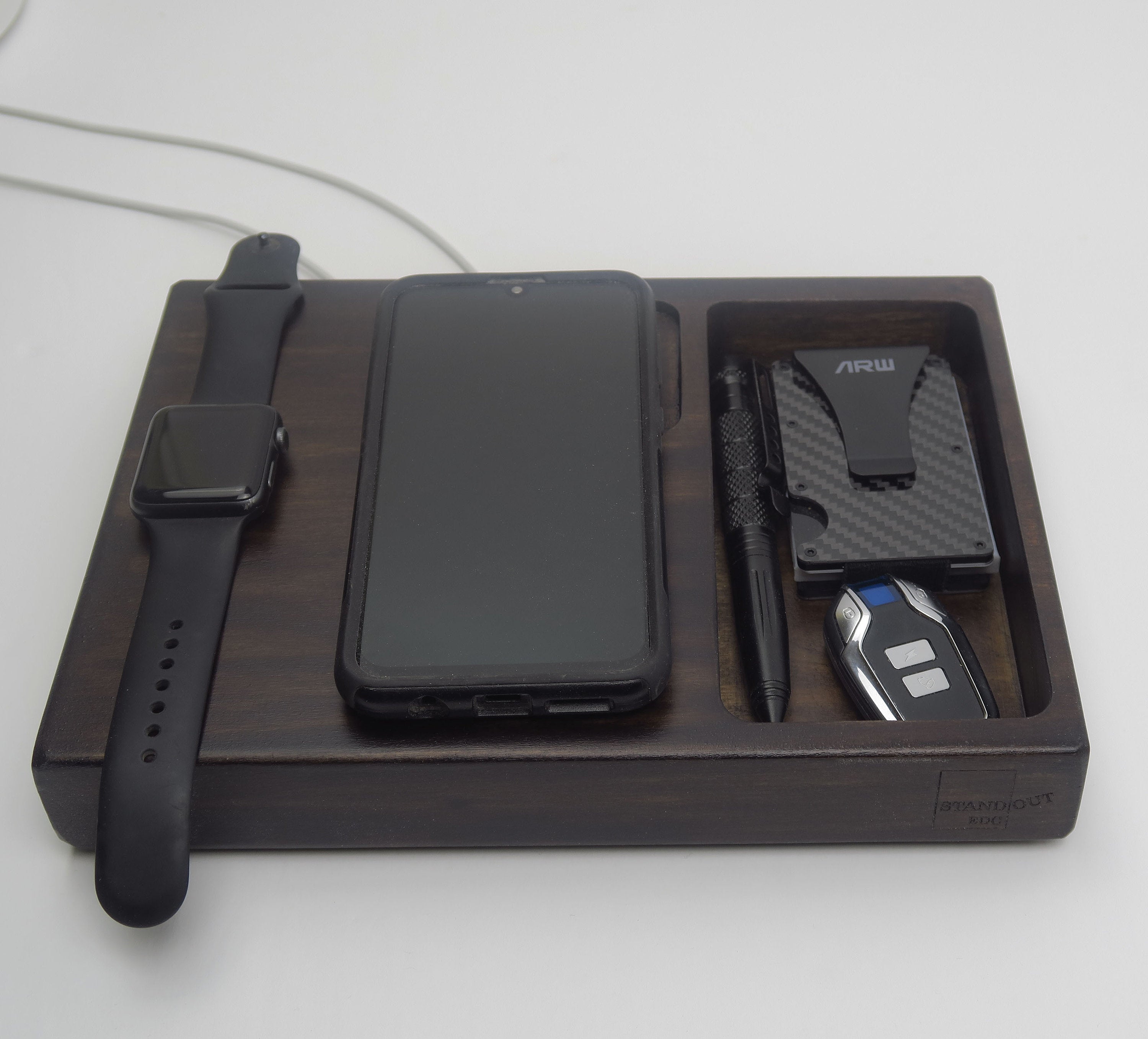 Wooden Phone Docking Station with Custom Logo &amp; Text for Gift | Apple Watch Charging Station | Charging Dock for MagSafe Charger  Standout EDC   