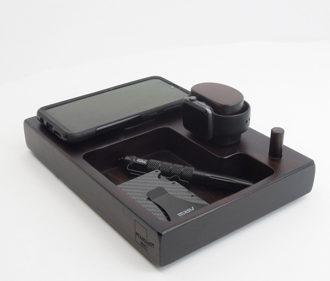 Wireless  Smartphone  and Watch Charging Station Features a hardwood Base  Standout EDC