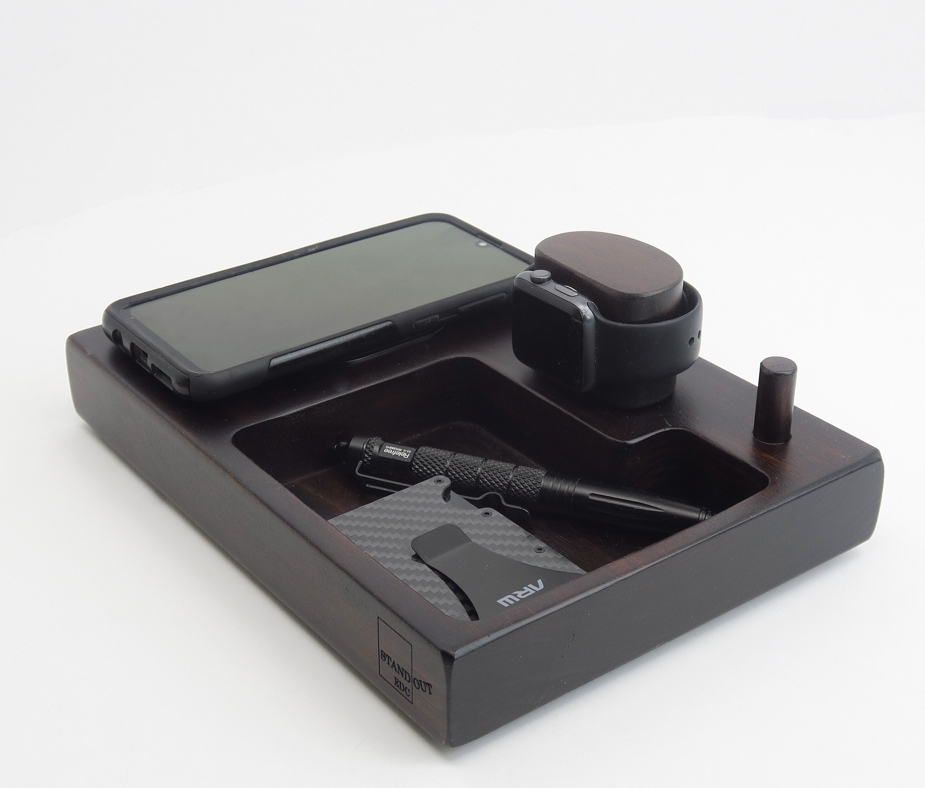 Wireless  Smartphone  and Watch Charging Station Features a hardwood Base  Standout EDC   
