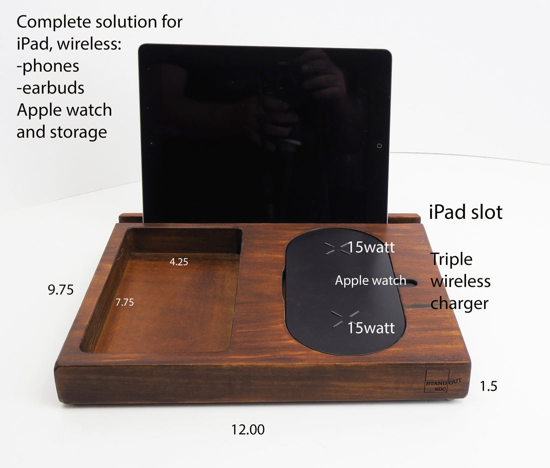 Personalized Gift for Dad, Triple Wireless Charger, Wood Charging Station for Phones-Earbuds-Apple Watch, iPhone and iPad Dock, Gift.