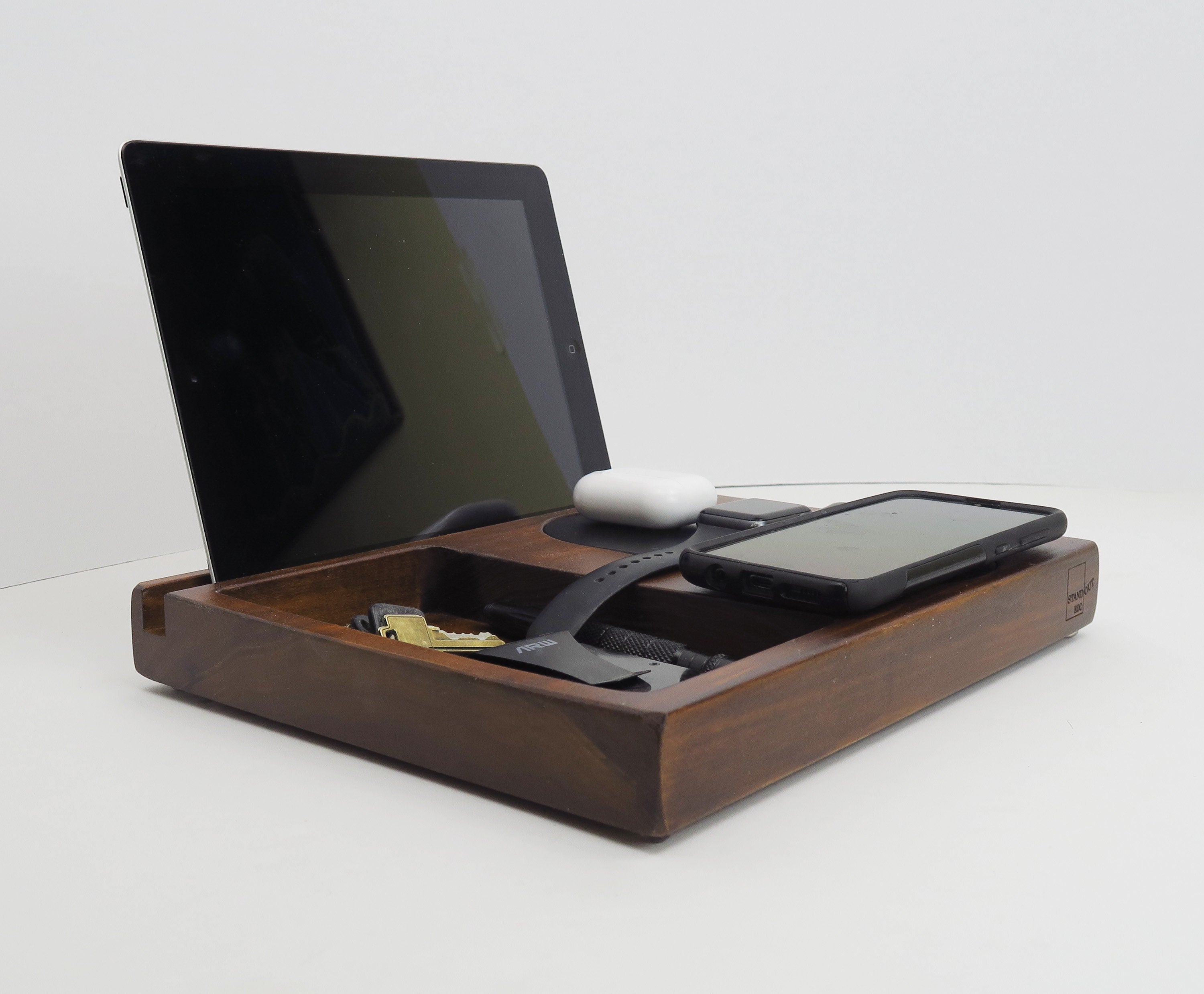 Personalized Gift for Dad, Triple Wireless Charger, Wood Charging Station for Phones-Earbuds-Apple Watch, iPhone and iPad Dock, Gift.