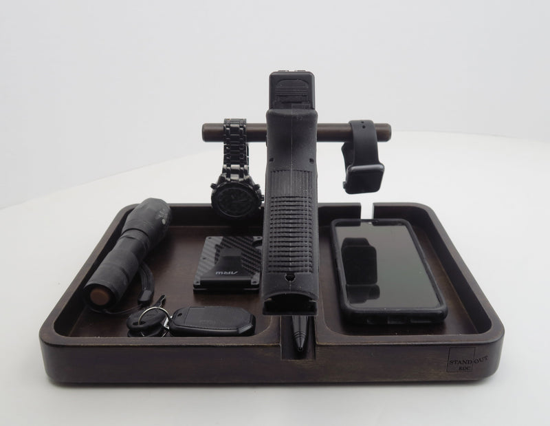Fathers day gift, organizer with accessory bar , Station for gun, bedside table  Standout EDC   