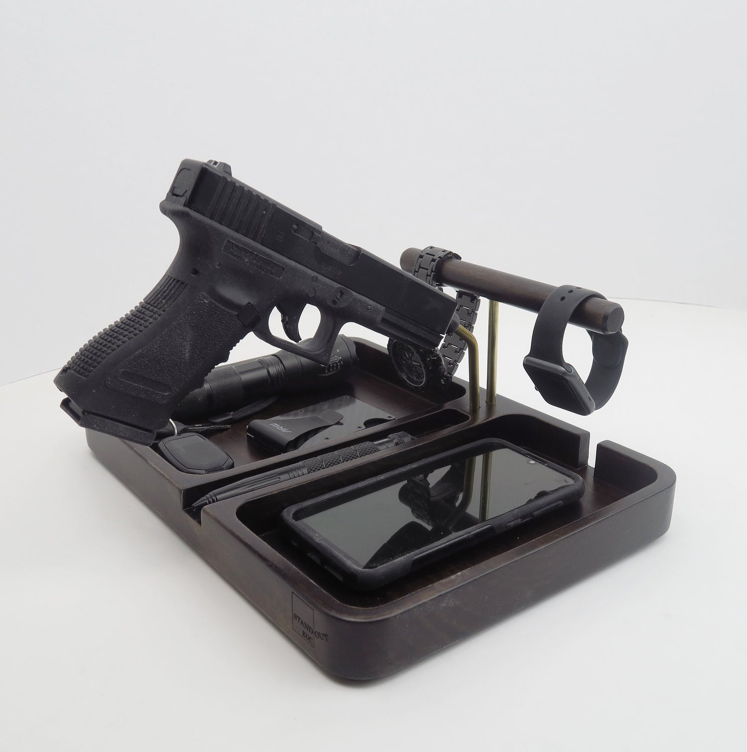 Fathers day gift, organizer with accessory bar , Station for gun, bedside table  Standout EDC   