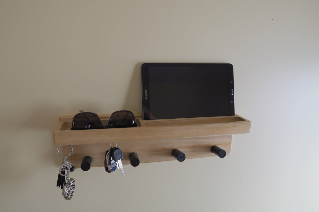 Personalized Gift for Dad, Shelf with colored Hooks, Wall Organizer with Hooks /Mail, Wood Wall Charging Station Organizer, key magnet.