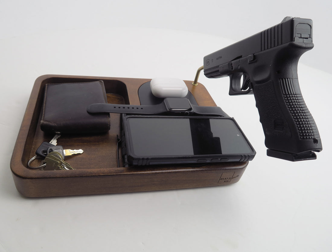 Personalized, Triple Wireless Charger with bras EDC holder, Wood Charging Station for Phones-Earbuds-Apple Watch, iPhone and iPad Dock, Gift